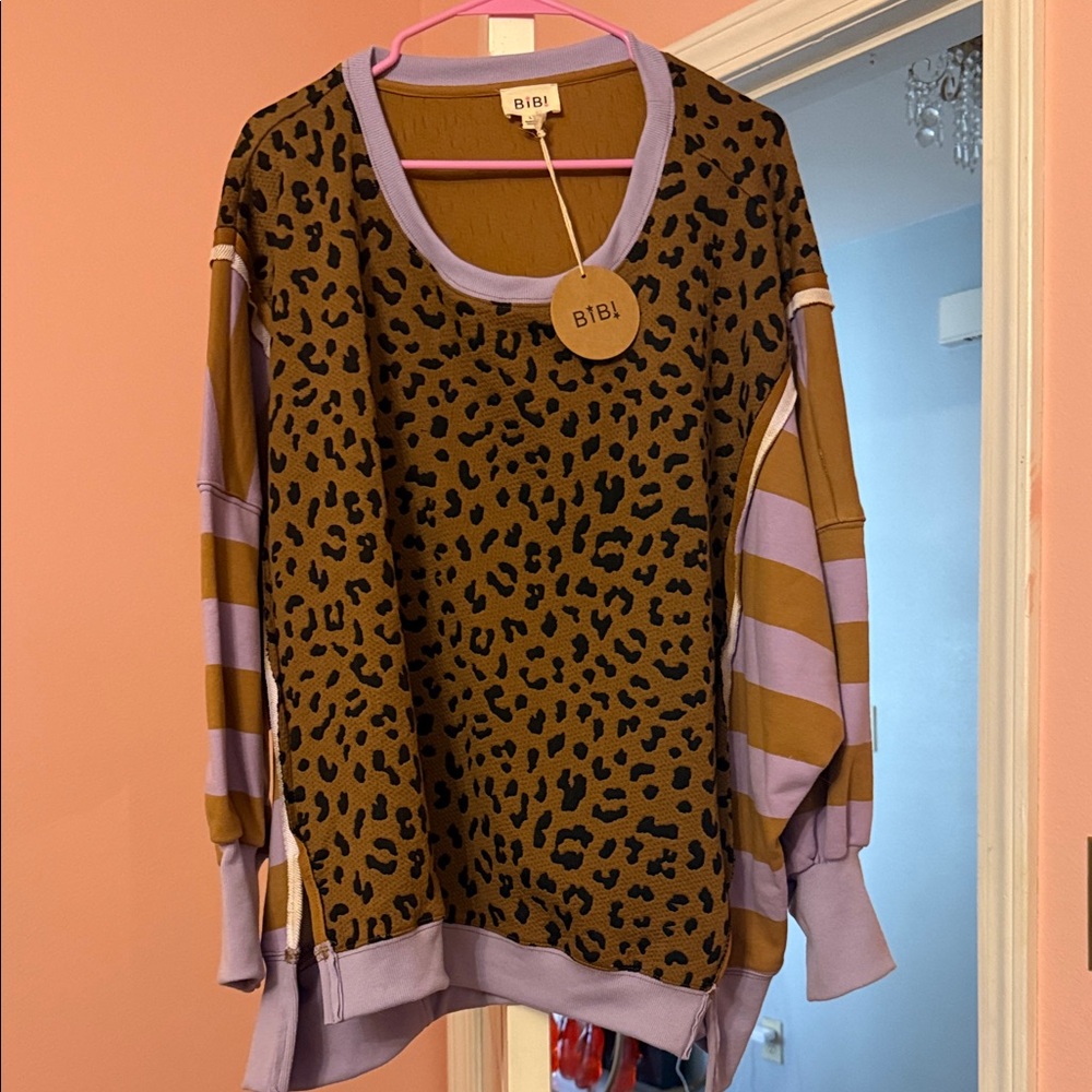 BiBi Brown and Lavender Leopard-Print Crewneck Sweater